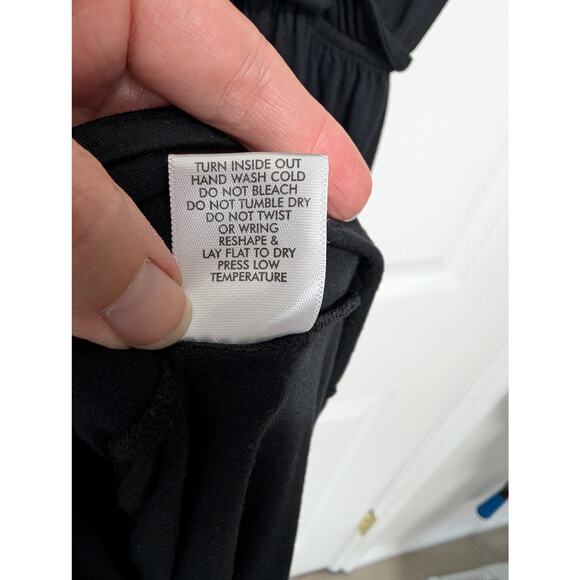 Black Jersey Maxi Dress Vneck Faux Wrap Womens Sz S Short Sleeves Newport News - Picture 6 of 9